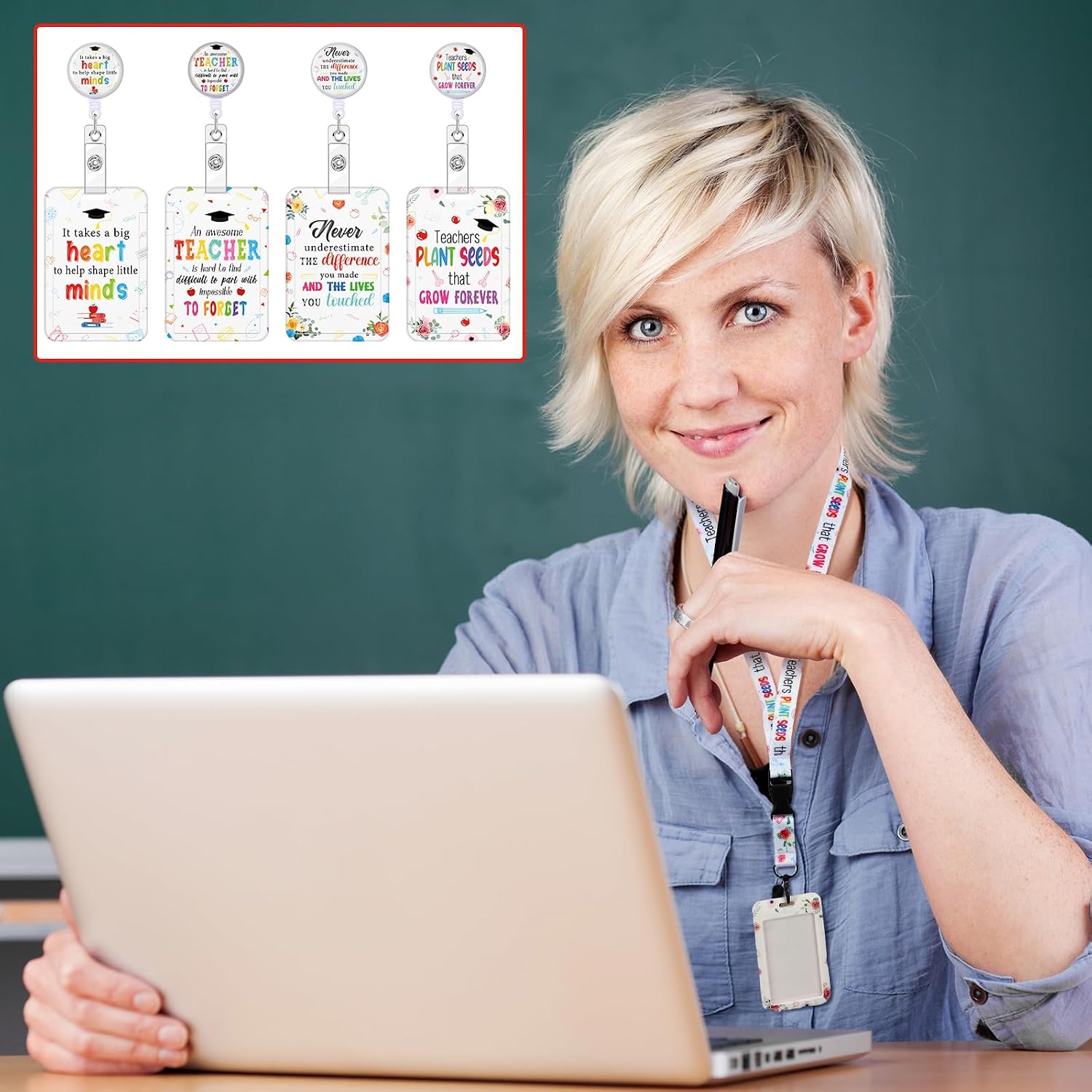 Sinload 4 Pcs Back to School Teacher Appreciation Gift Lanyards for ID Badges Thank You Badge Holder with Retractable Breakaway Lanyard Name Tags ID Card Holder for Women image 5