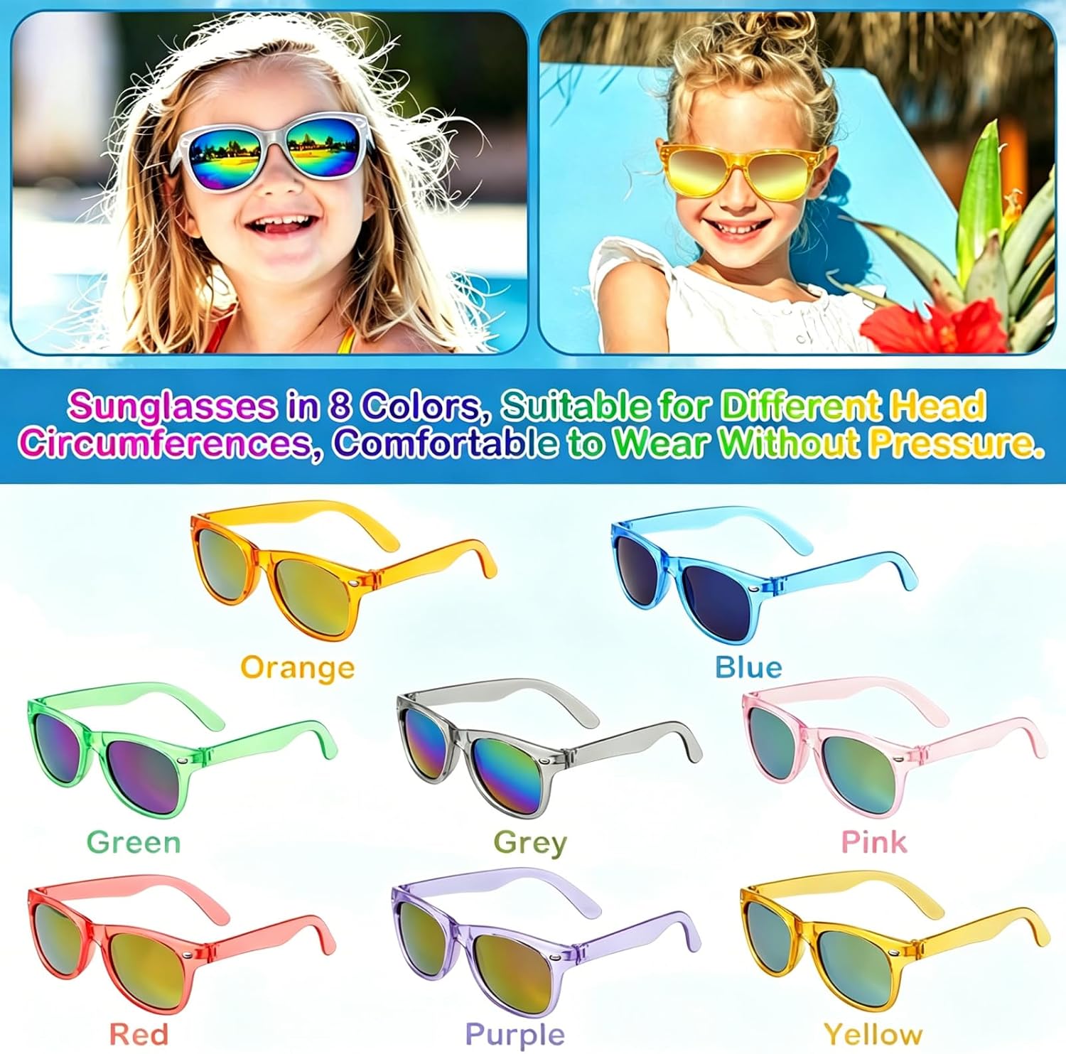 16 Pack 8 Colors Kids Sunglasses, UV400 Protection for Boys Girls Age 3-8, Perfect for Beach Pool Birthday Party Favors & Goody Bag Stuffers