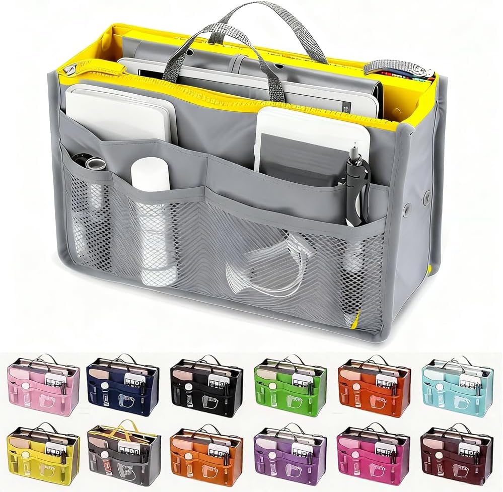 Purse Organizer Insert, Updated Purse Handbag, for Handbags Bag Organizers Inside Tote Pocketbook Women Nurse Nylon 13 Pockets Medium (Gray)