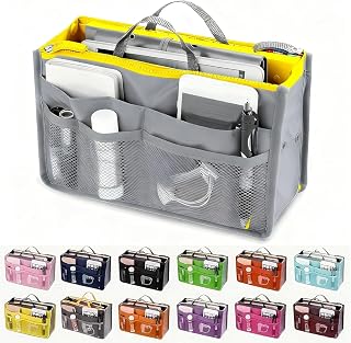 1 Pcs Purse Organizer Insert, 13 Pockets Updated Purse Handbag (Grey) | with Multi Mesh Pockets and Secure Zipper, Portable Handle for Handbags Bag Organizers, Inside Tote Pocketbook