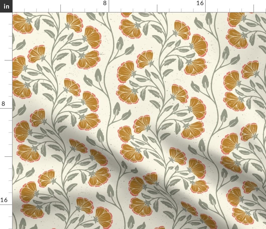 Spoonflower Fabric - Folk Floral Sage Green Bohemian Boho Stripes Block Print Refined Printed on Petal Cotton Fabric Fat Quarter - Sewing Quilting Apparel Crafts Decor