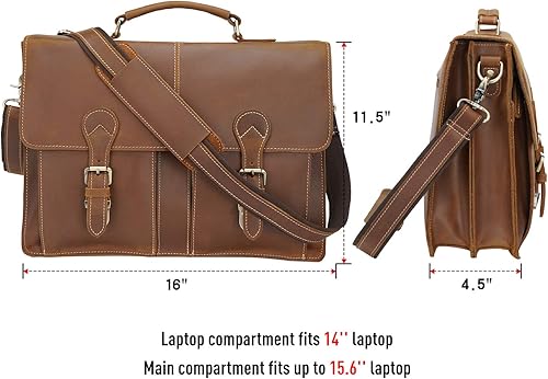 Miniatura 4 de Polare - Bolsa de mensajero de cuero de grano completo de 16 pulgadas para computadora portátil, bolsa de trabajo profesional para hombres