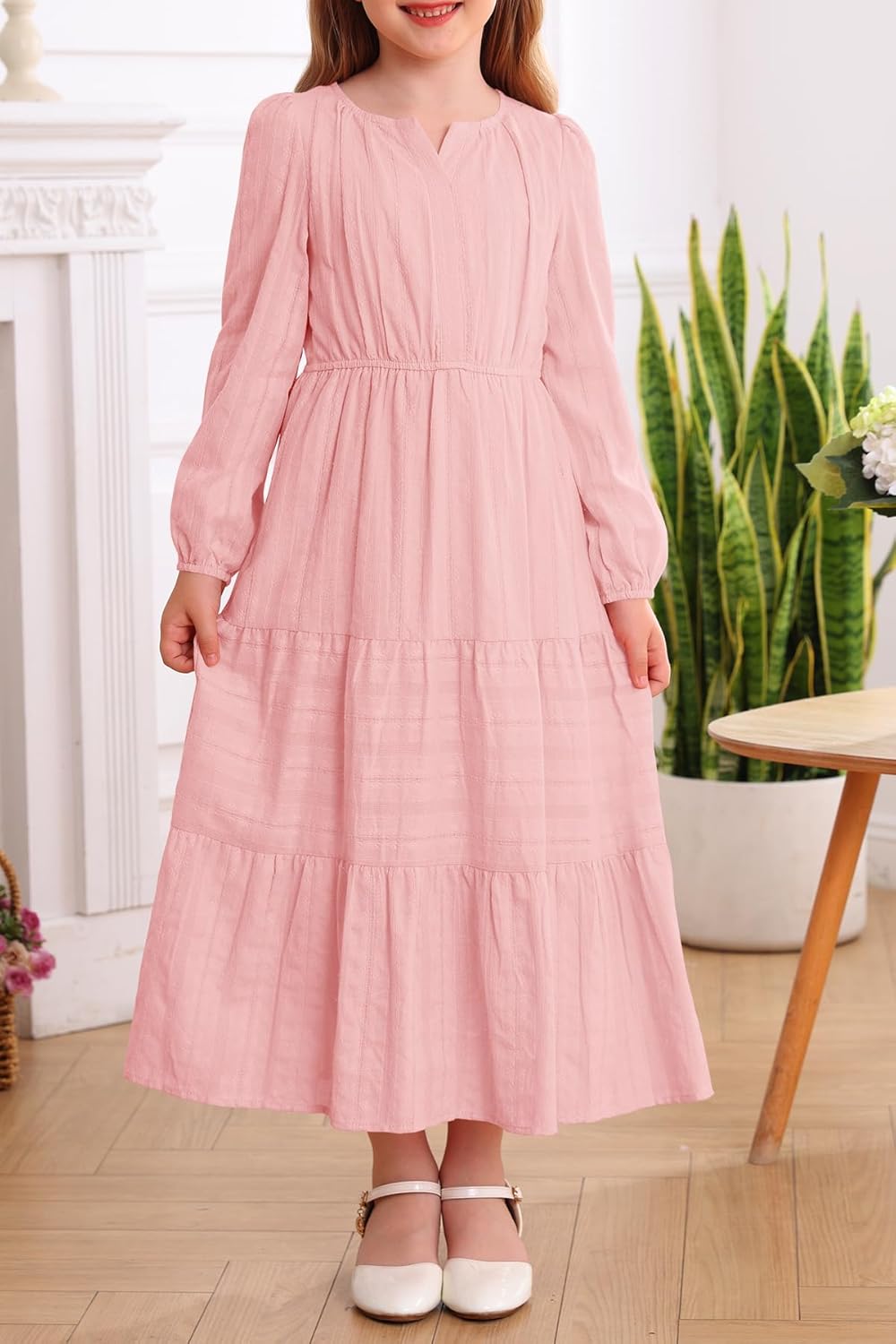 HOSIKA Girls Long Sleeve Dress V Neck Elastic Waist Tiered Flowy A-line Fall Maxi Dresses with Pockets for 6-12 Y - Image 2