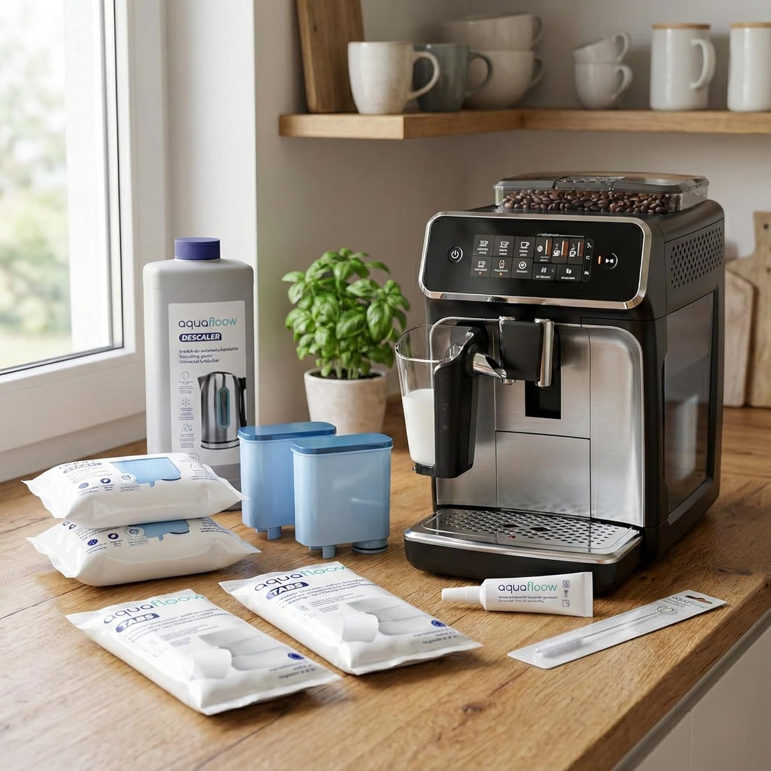 Aquafloow kit de mantenimiento para cafetera Philips/Saeco – 4 filtros compatibles AquaClean CA6903, descalcificador 1000 ml, 20 pastillas de limpieza, cepillo y grasa de silicona