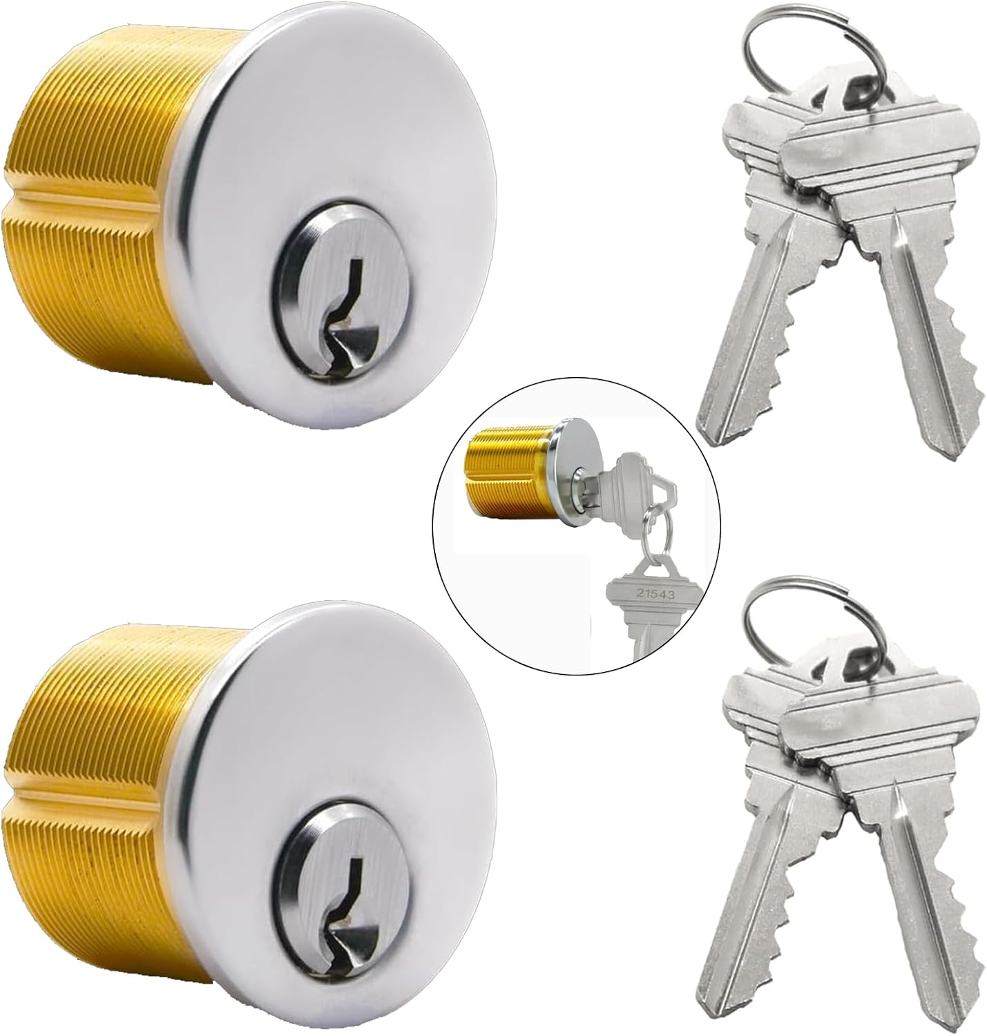 2Pcs Brass Mortise Cylinder Locks with 2 SC1 Keyway Keys fit Standard Commercial Door Replacement Lock Mortise Cylinder for Home Aluminum Door(1 1/8" Inch - Different SC1 Keys)
