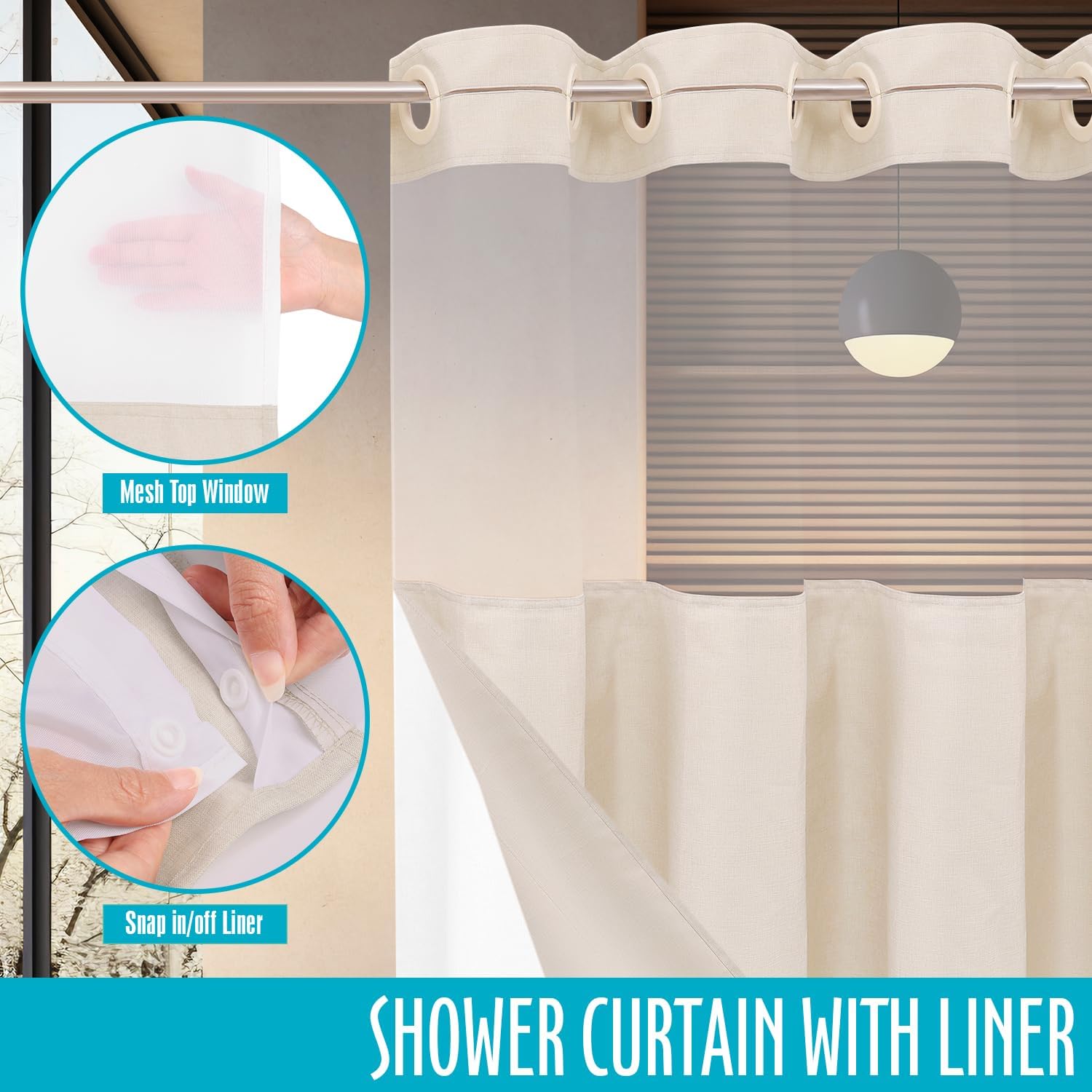 Ga-Geetopia No Hook Linen Shower Curtain with Snap in Liner Set, Hotel Luxury Style Beige Shower Curtain with See Through Top Window, Machine Washable & Water Repellent, 72W x 72L