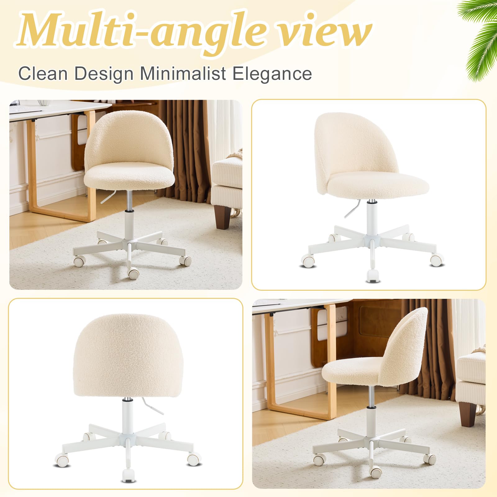 Bonnlo Bürostuhl mit Rollen, Schminktisch Stuhl, Höhenverstellbar Schreibtischstuhl für Arbeitszimmer, Schlafzimmer, Homeoffice, Teddystoff (Beige)