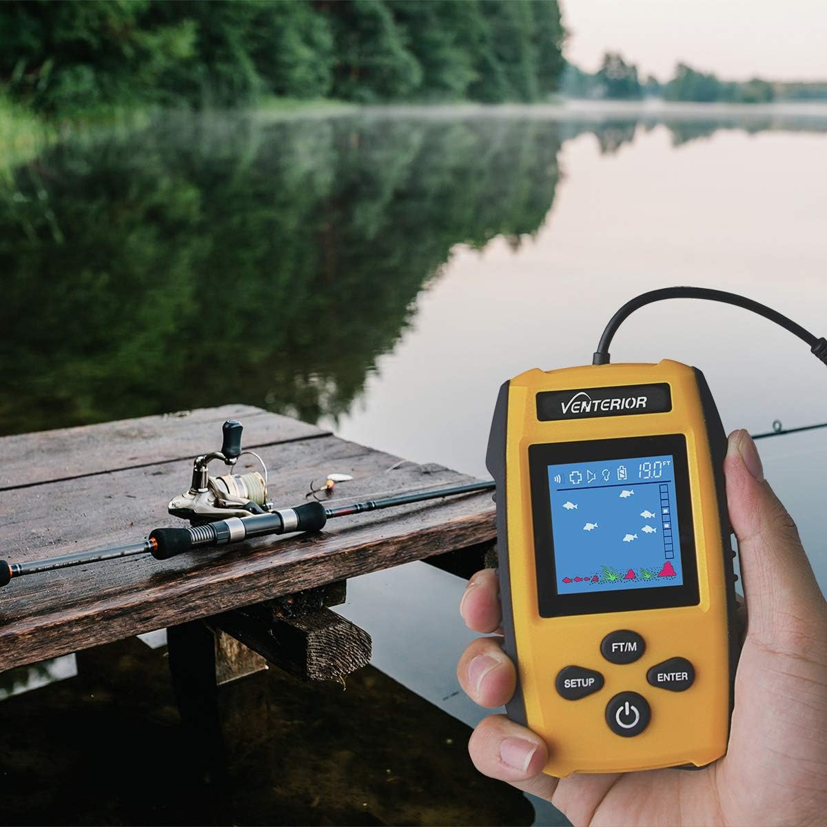 Venterior Portable Fish Finder Ice Kayak Fishing Gear Depth Finder with LCD Display and Sonar Transducer: GPS & Navigation