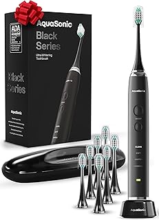Aquasonic Black Series Ultra Whitening Toothbrush – ADA Accepted Electric Toothbrush- 8 Brush Heads & Travel Case – 40,000...