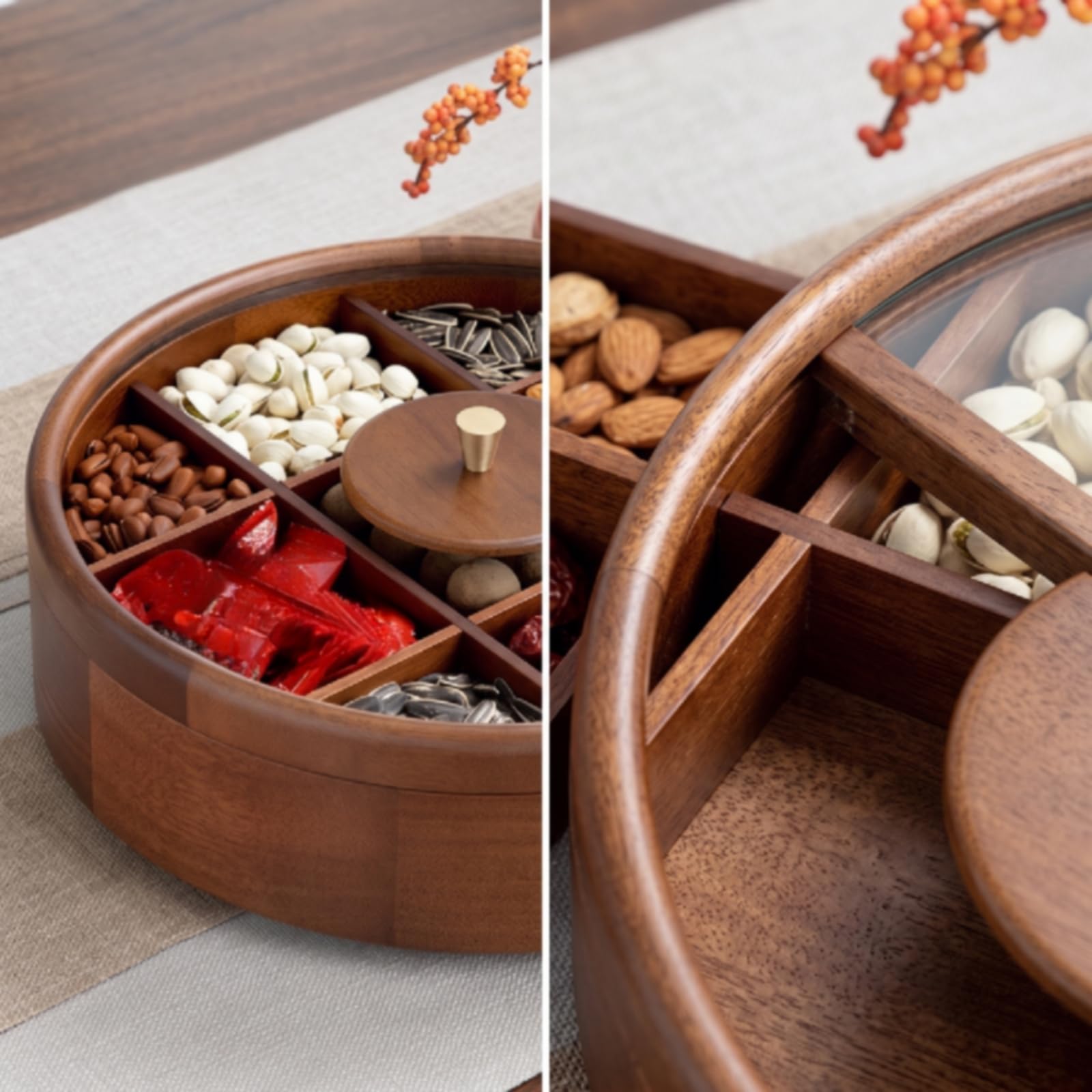 Qianly Organizador Aperitivos con Compartimentos Multicompartimento Caja Aperitivos con Tapa Redondo Banja Dividida para Invitados