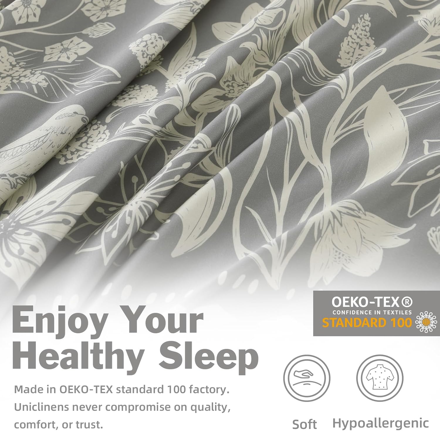 EWlinens Floral Duvet Cover Queen Size - 100% Washed Cotton Duvet Cover Set, 3 Pieces Botanical Bird Bedding Set with Zipper Closure & 8 Corner Ties, 1 Grey Duvet Cover with 2 Pillowshams, 90"x90"