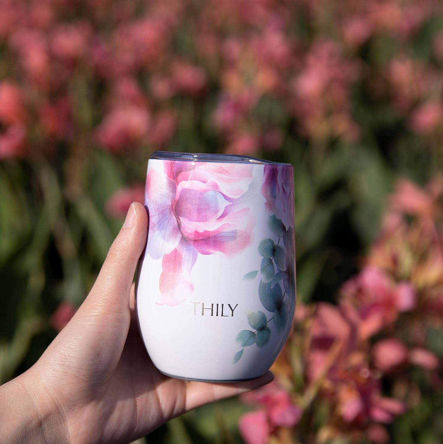 THILY Stainless Steel Insulated Wine Tumbler Stemless Wine Glass with Lid and Straw, Splash-proof, Cute Travel Cup for Coffee, Cocktails, Christmas Gift for Women, Mother, Wife, Girls, Pink Lilies - Image 5