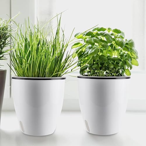 Miniatura 6 de Paquete de 5 macetas de riego automático de 7 pulgadas, macetas de plástico blanco con ventana de nivel visual de agua, maceta de riego automático