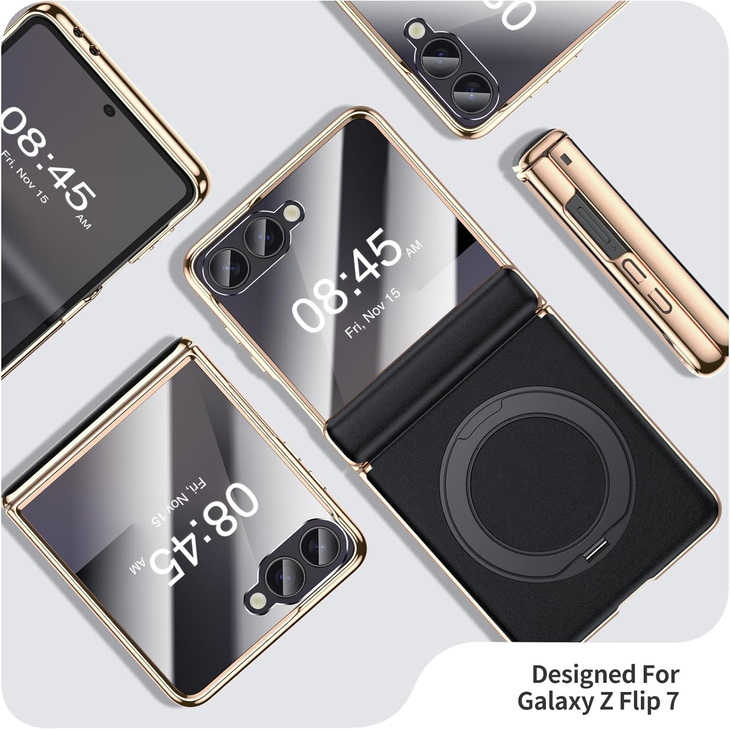 for Galaxy Z Flip 7 Case Luxury Leather with Screen Protector [Hinge Protection],Fit for Magsafe,Magnetic Kickstand & Ring Holder for Samsung Z Flip 7 Case Black