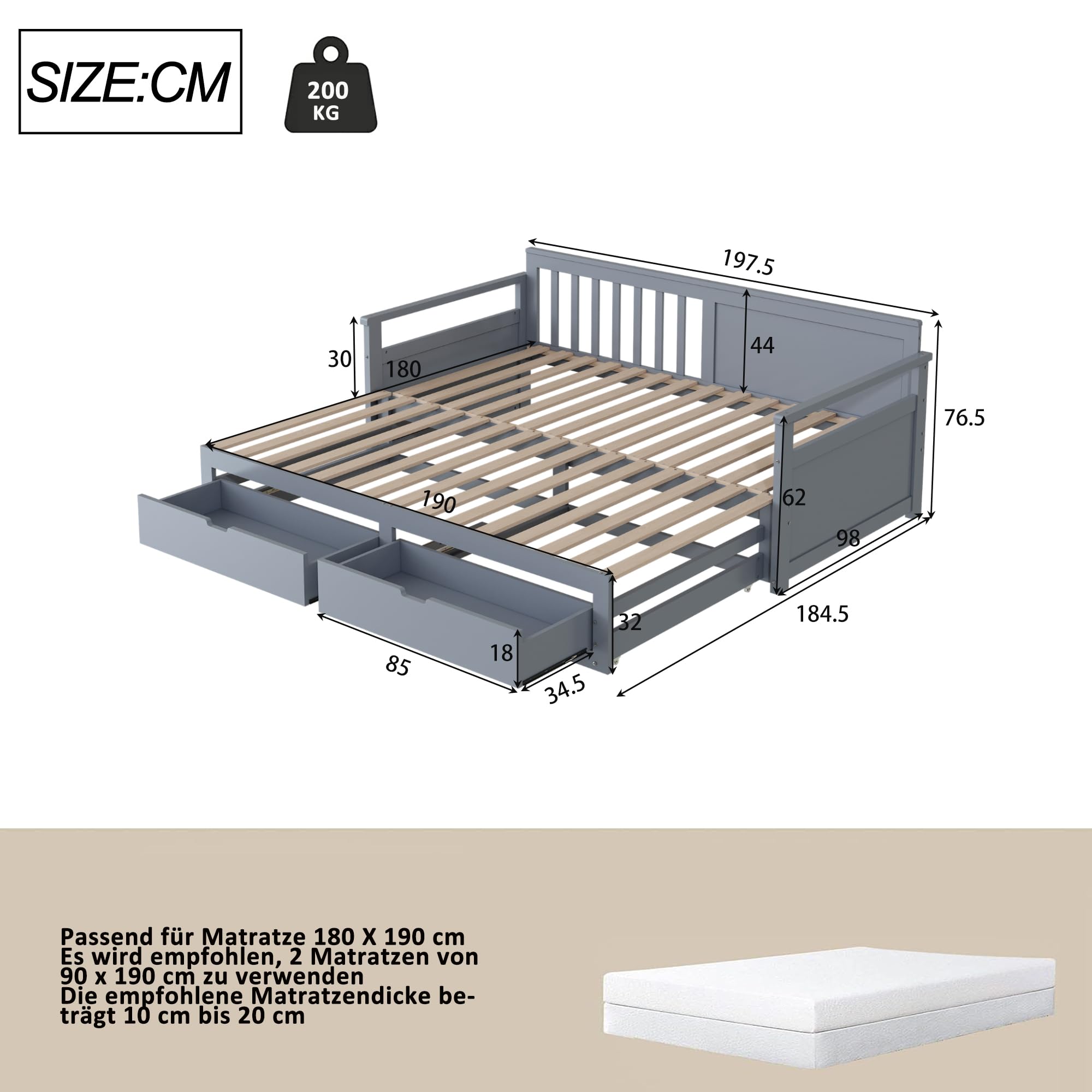 Tagesbett 90 x 190 cm, Ausziehbar auf 180 x 190 cm mit 2 Schubladen und Lattenrost, Platzsparendes Funktionsbett mit Rückenlehne und Armlehnen, aus Kiefernholz, Grau
