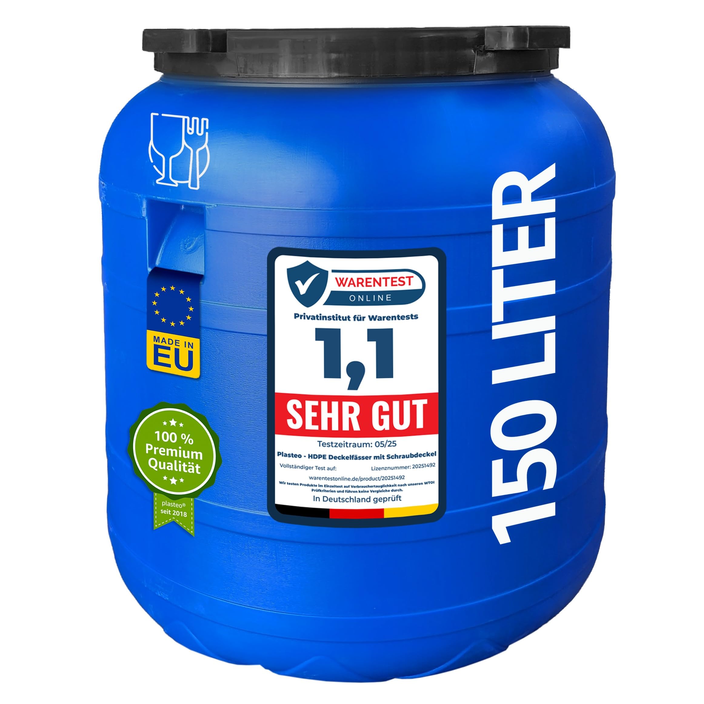 plasteo® Fût à col large de 150 litres avec couvercle à visser - En plastique universel - Convient à un usage alimentaire - Avec poignées stables - Bleu