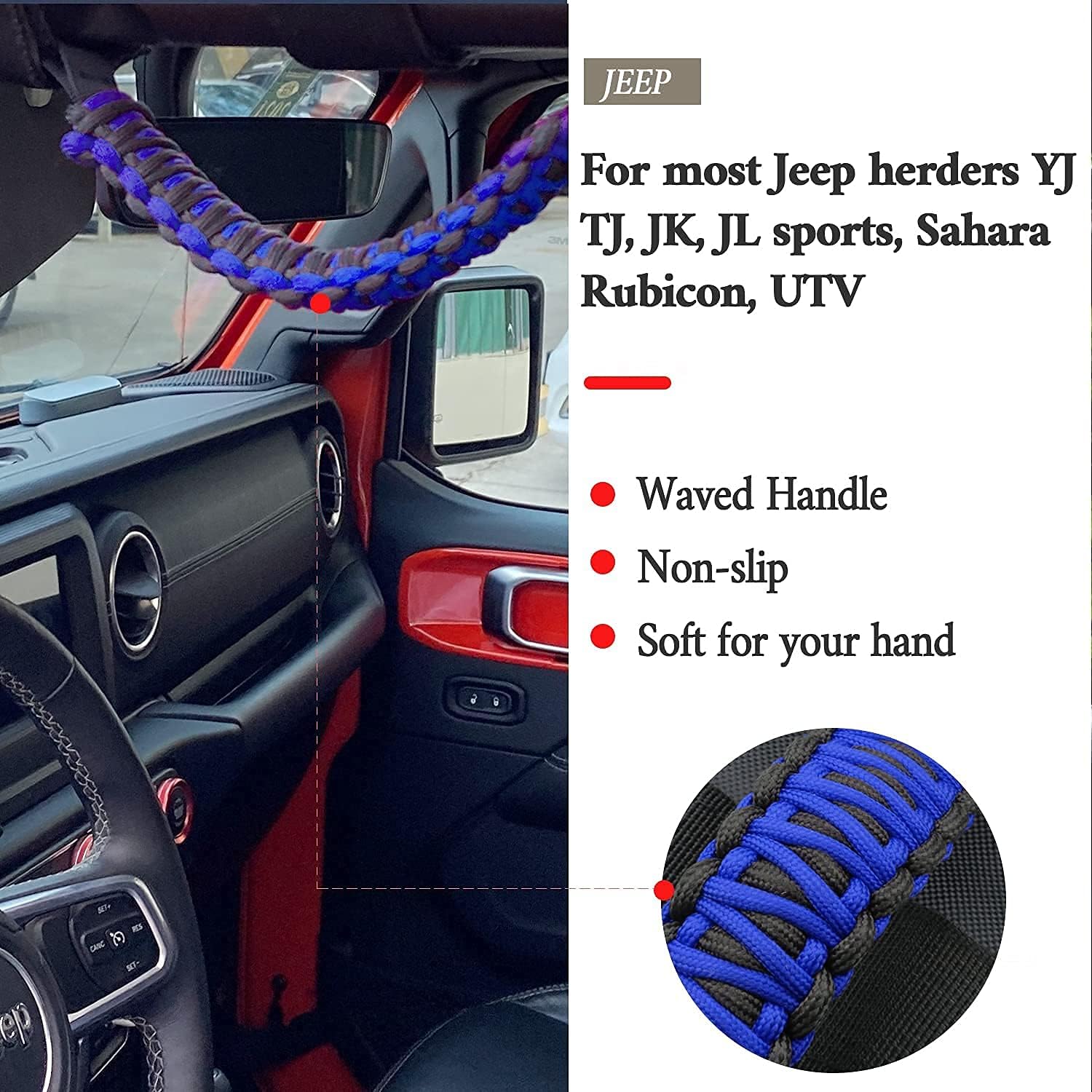 2x Blue Roll Bar Grab Handles Grip Handle for Jeep Wrangler Paracord Handle | Fit YJ TJ JK JK JL Sports Sahara Freedom Rubicon Unlimited X Gladiator JT 1955 to 2026 UTV ATV Interior Accessories