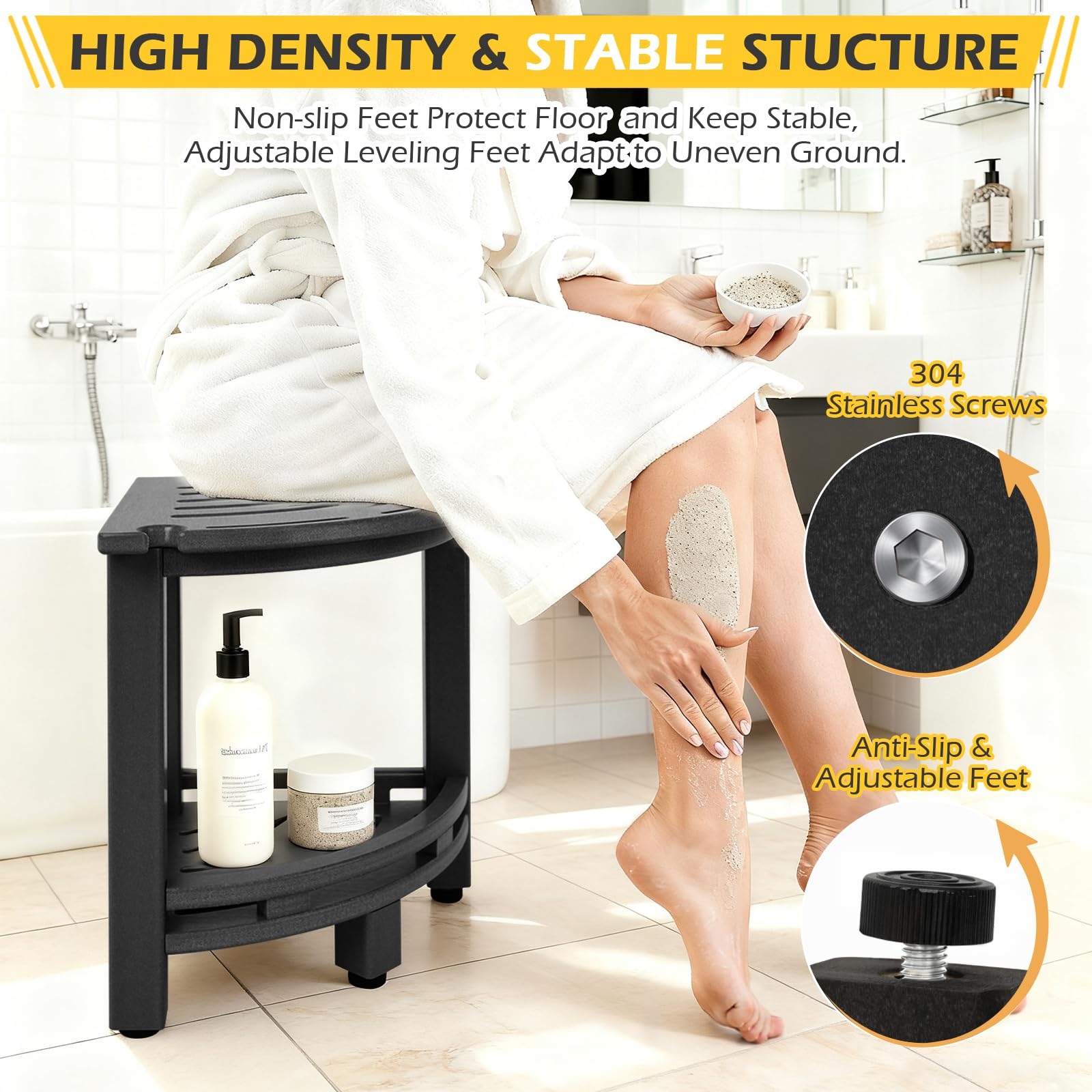 Taburete de ducha de esquina de polietileno de alta densidad para afeitarse las piernas, taburete de ducha impermeable con estante de almacenamiento para baño, color negro