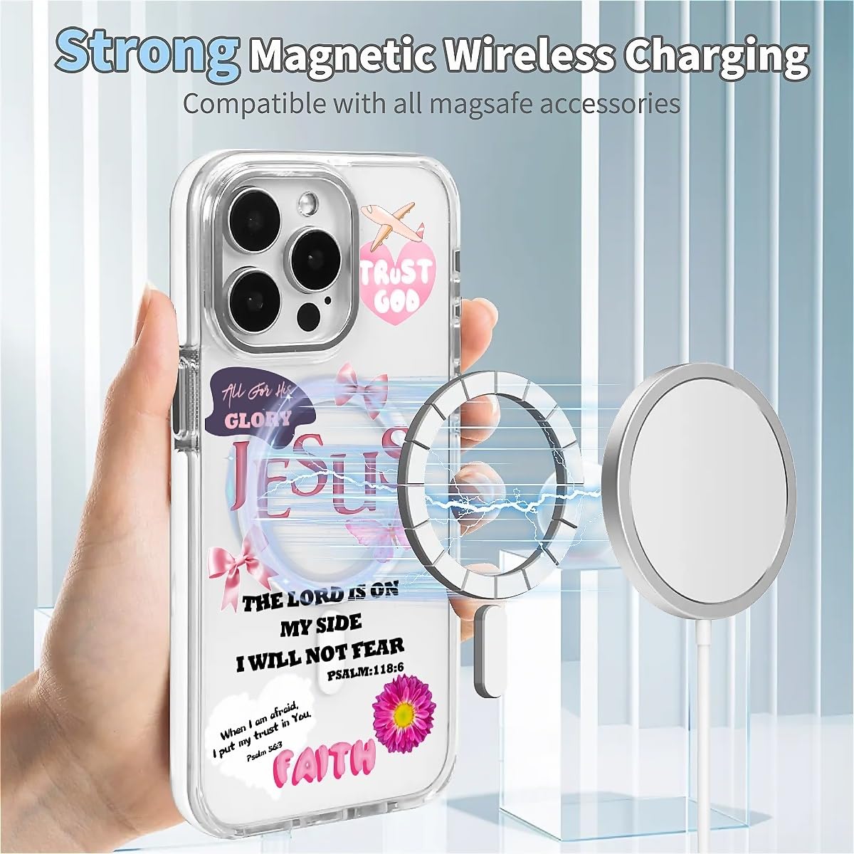 Funda para iPhone 16 [compatible con Magsafe], funda magnética transparente de silicona a prueba de golpes con patrón de cinta de mariposa de Jesús Fe