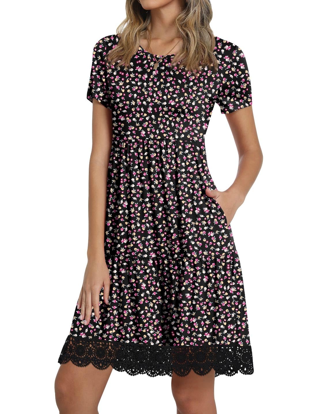 TAOHUADAO Women's Summer Casual Tshirt Dresses Short Sleeve Ruffle Swing Lace Hem Dress with Pockets