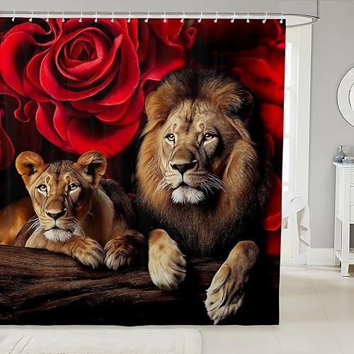 Erosebridal Cortina de ducha para decoración de baño, con estampado de leones y rosas, para niños, adolescentes, niños, niñas, habitación del hogar,