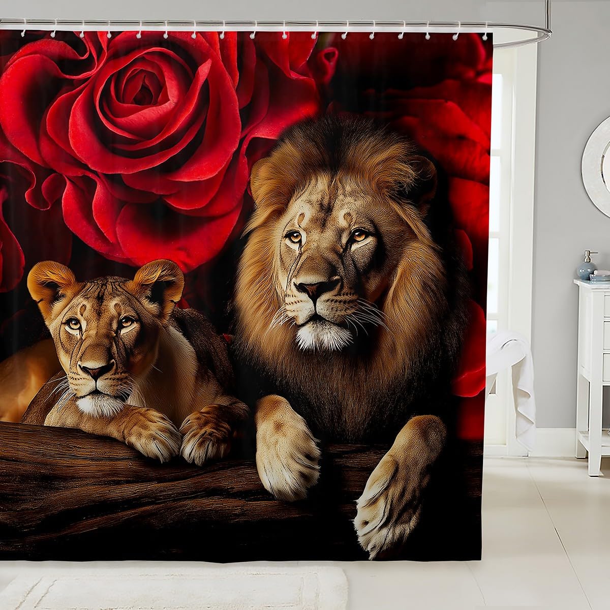 Erosebridal Rose Flower Bathroom Decor Shower Curtain, Animal Lion Print Bath Curtain for Kids Teen Boys Girls Home Room Waterproof Shower Curtains, Modern Style Bath Decorations 72" W x 78" L Color 01 72"W x 78"L (Pack of 1)