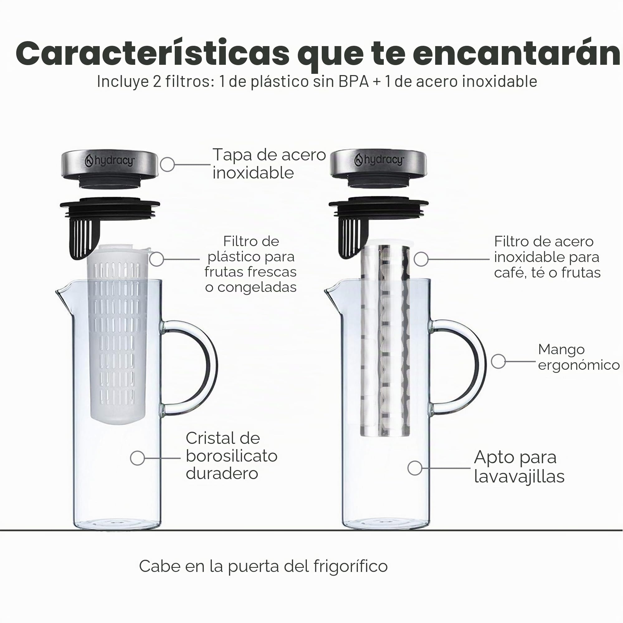 Hydracy Cafetera y Tetera - Jarra de Vidrio de 1,5L - Bebidas Frías y Calientes - Tapa y Filtro de Acero Inoxidable - Tubo Adicional para Infusiones de Frutas - Apto para Lavavajillas