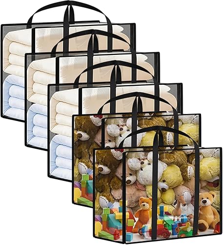 Paquete de 5 bolsas de almacenamiento de ropa, bolsas de almacenamiento de mantas de 55 litros, bolsas de mudanza resistentes, extra grandes, bolsas