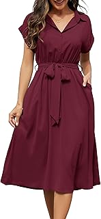 Cassiecy Summer Dress Women's Knee-Length Short Sleeve Blouse Dress Elegant V-Neck Midi Dress Casual Wrap Dress Beach Dress with Pockets