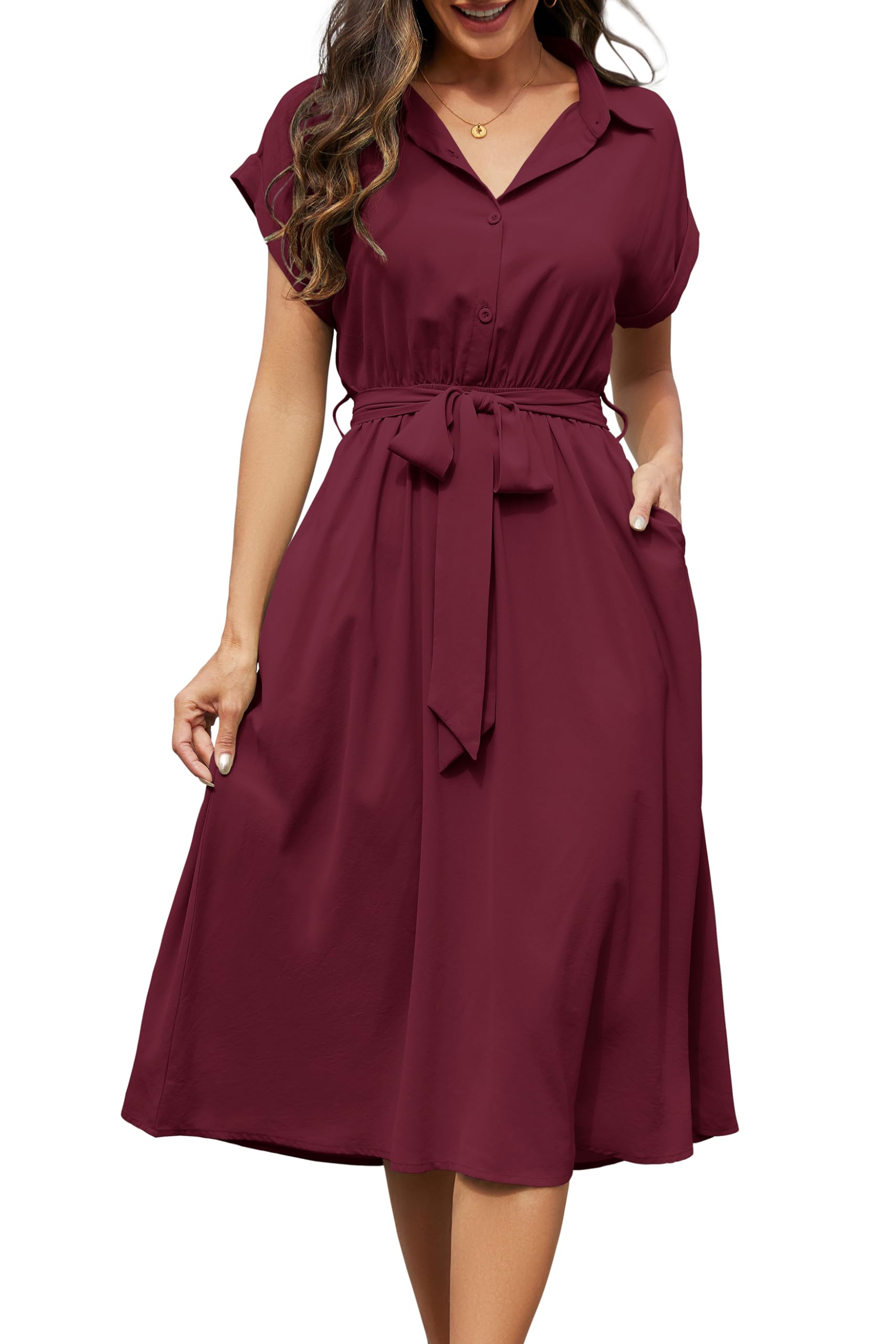 Cassiecy Summer Dress Women's Knee-Length Short Sleeve Blouse Dress Elegant V-Neck Midi Dress Casual Wrap Dress Beach Dress with Pockets