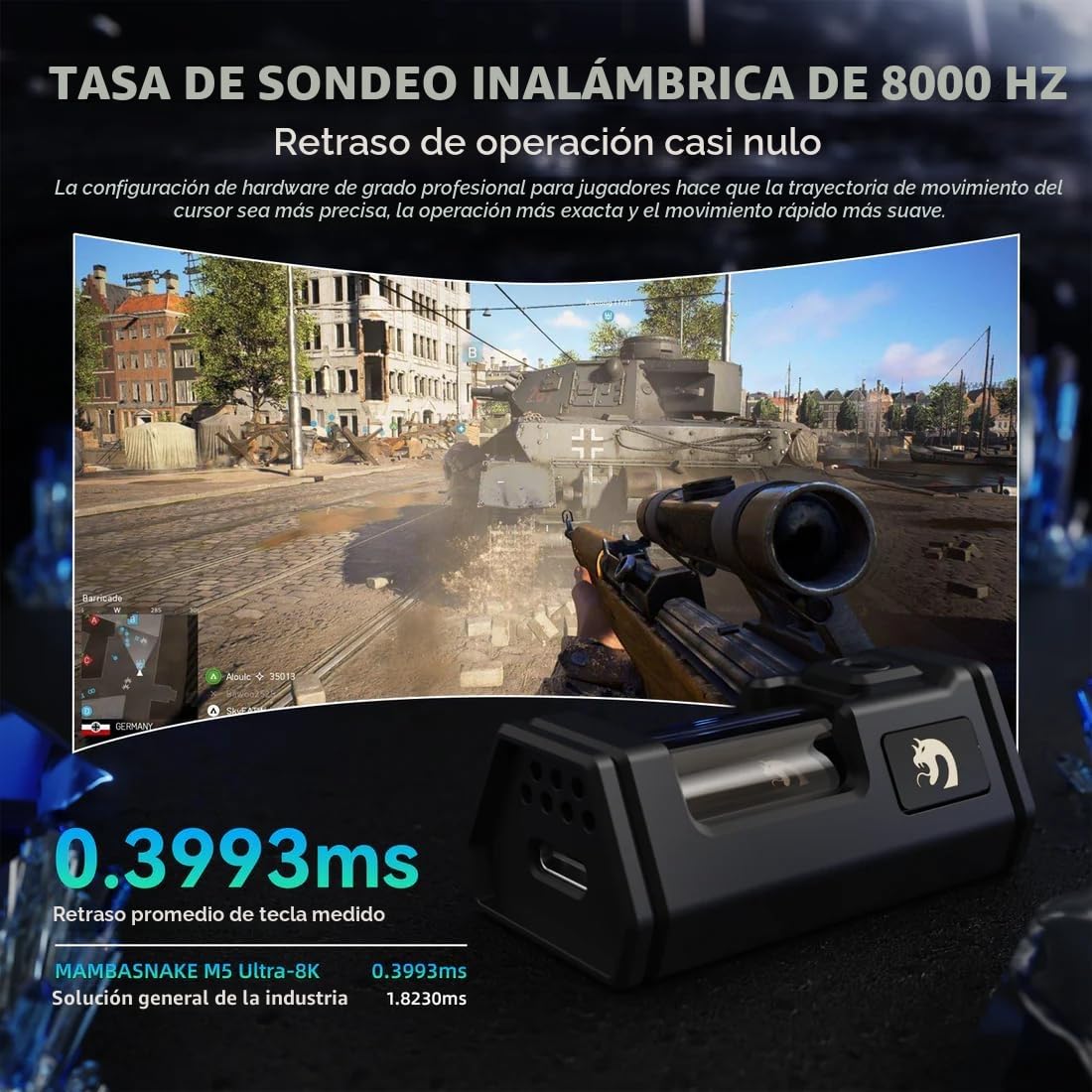 MAMBASNAKE M5 Ultra Carbon Fiber 8000Hz Ratón inalámbrico para juegos, 39g SUPERLIGHT, 42000DPI, sensor PAW3950MAX, Nordic 52840 Chip, Bluetooth/2.4G/USB-C ratones con cable con ratón enrollado, para