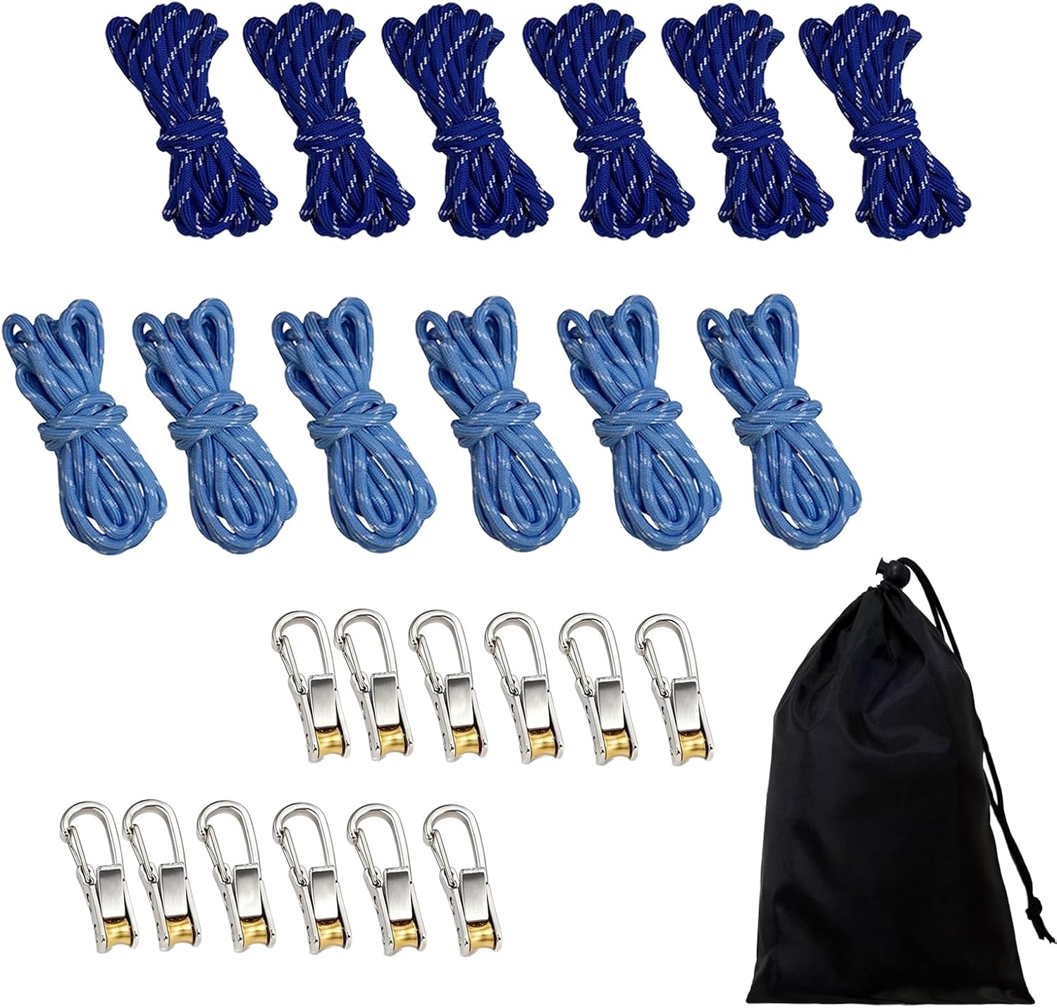 6 + 6 Pack Rope Roller Paracord Tie Down Kit, Heavy Duty Rope Tensioner with Pulley Carabiner Clip, Reflective Tent Guyline Tightener Set for Camping, Tarp, Canopy, Outdoor Tie Downs Blue