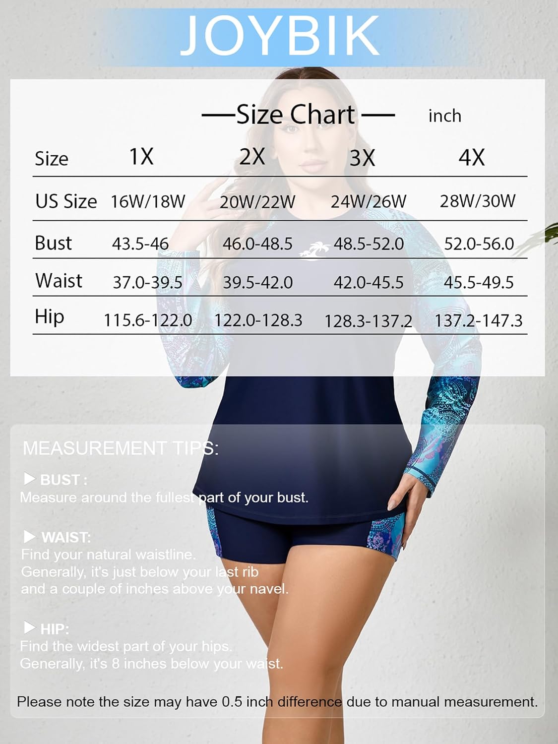 JOYBIK Women Plus Size Long Sleeve Rash Guard Built in Bra Swim Shirt and Shorts with Pockets UPF50+ Two Piece Swimsuit