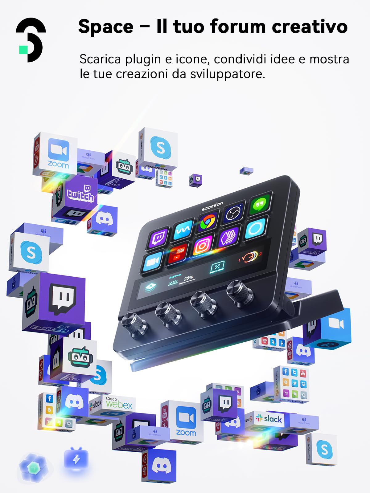 SOOMFON Stream Controller Deck, 10 Tasti Macro LCD, Touchscreen, 4 Manopole | 2 USB-A & 2 USB-C, con OBS Twitch PS Word Excel Zoom e altre app; Stream Studio Deck per Streaming Gaming Lavoro Creatività