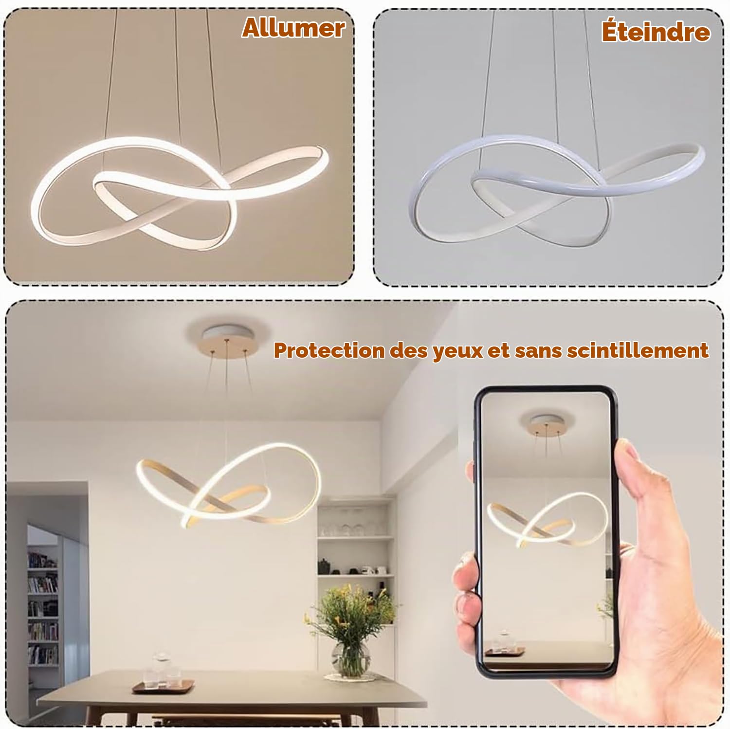 LED Suspension Luminaire, 30W Lustre Chambre avec Télécommande Dimmable, 50CM Lustre Cuisine LED Réglable en Hauteur, Plafonnier Salon Moderne pour Salle à Manger, Salon, Cuisine