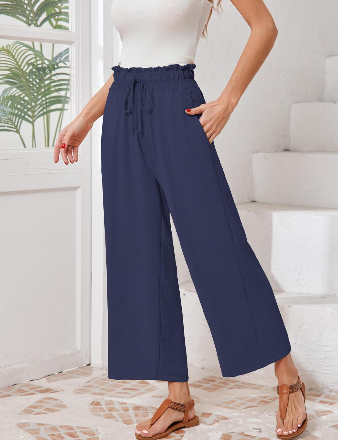 Wide Leg Pants for Women Drawstring Waisted Cropped Flowy Beach Pants Casual Outfits for Women with Pockets, S-XL