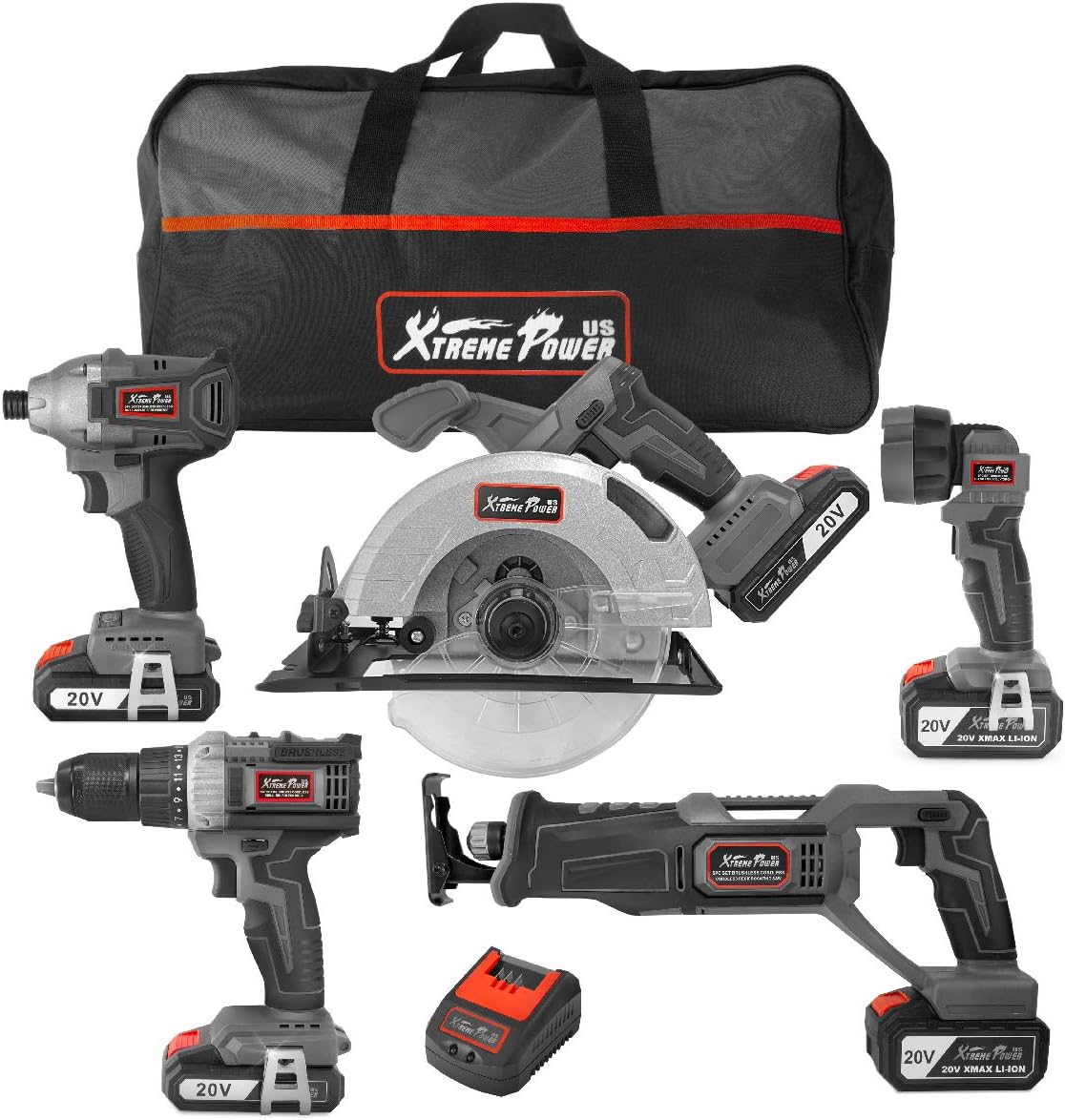 XtremepowerUS 47516 Power Tool Combo Kit 5-Tools w/2x Batteries & Bag Electric 20V Max Cordless Drill Impact Driver Circular Reciprocating Saw