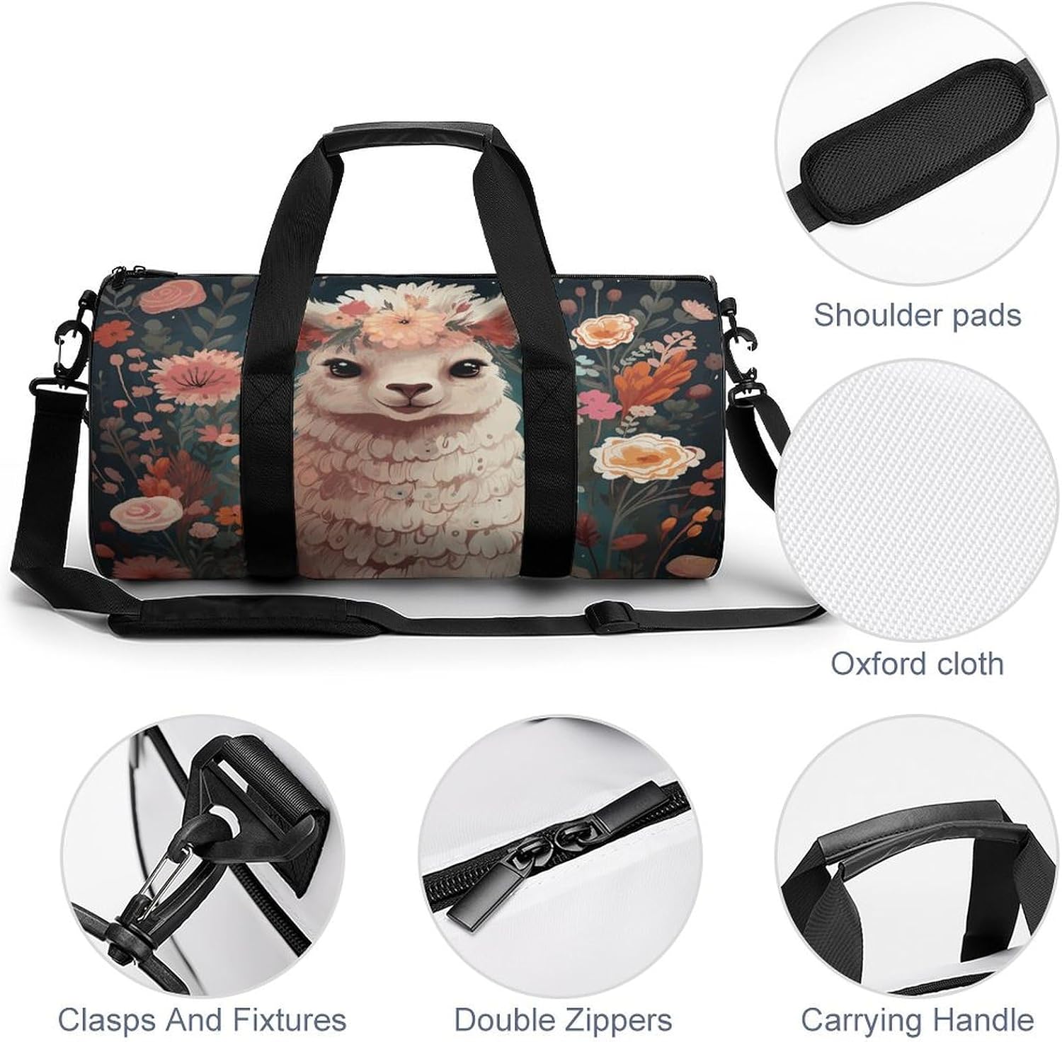Aesthetic Sports Bag for Women Flower Alpaca Printed Duffle Travel Bag for Men Women Mini Workout Bags Cylindrical Gym Bag