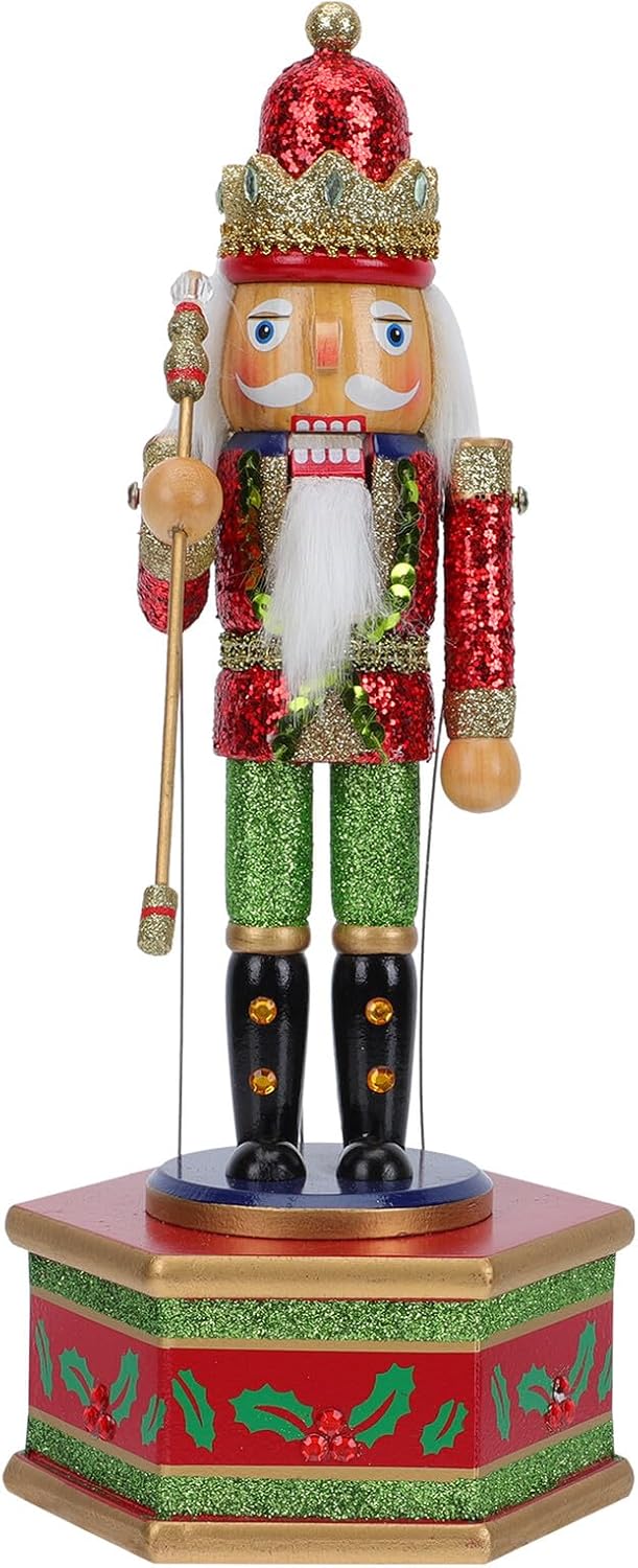 Luxshiny Wooden Nutcracker King Soldier Musical Box Xmas Decor Desktop Ornament with Painted Craftsmanship for Holiday and Festive Home Decoration