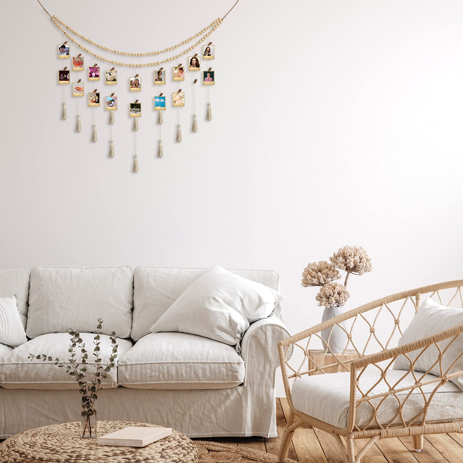 Exhibición de fotos colgante de macramé bohemio para colgar en la pared con 24 clips de madera, marco de collage de macramé con cuentas de madera, decoración de habitación de doble capa, 7