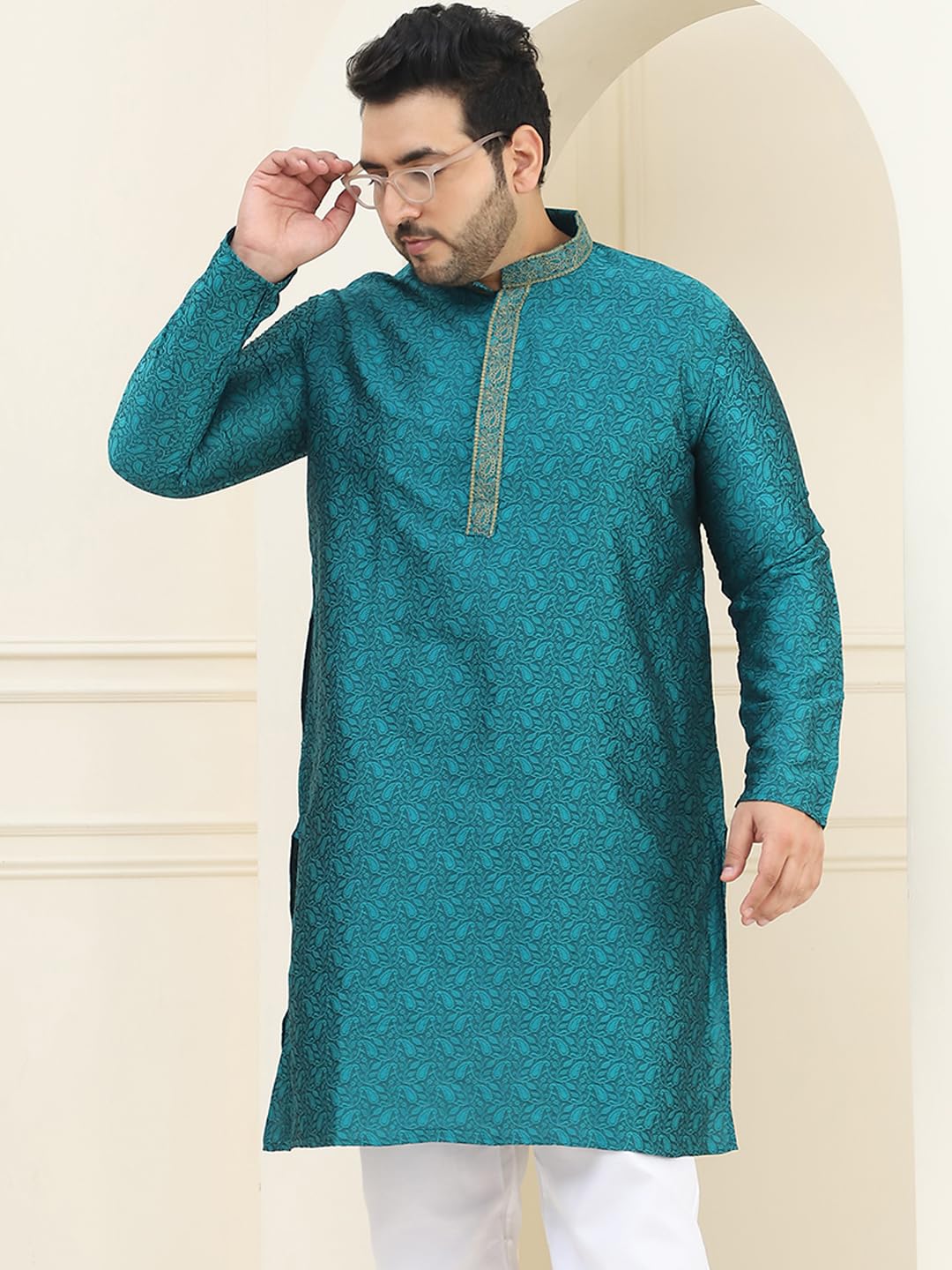 Sojanya Plus (Since 1958) Men's Silk Blend Teal Green Self Design Only Long Kurta