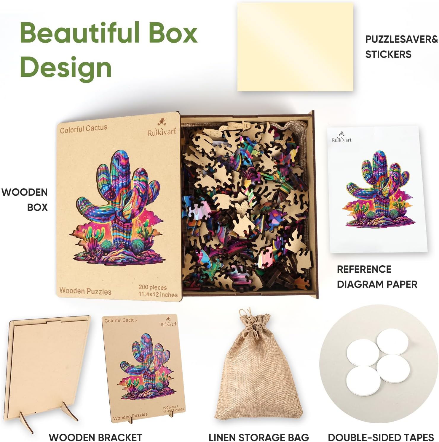 Ruikiyart Wooden Puzzles for Adults, 5MM 500 Pieces Cactus Wooden Jigsaw Puzzles, Plant Puzzle Games Unique Shapes Gift for Kids Family Games for Adults Home Decor(15.7"*16.6")