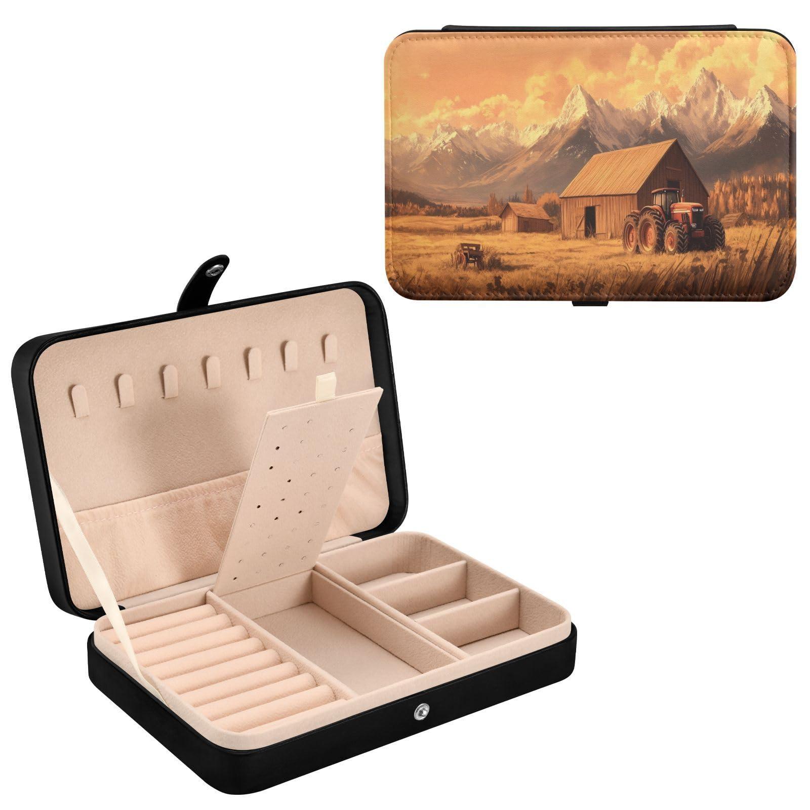 Haskirky Vintage Farm Pattern Jewelry Box Portable PU Leather Travel Jewelry Organize for Women Jewelry Storage Display Holder for Ring, Necklace, Earring