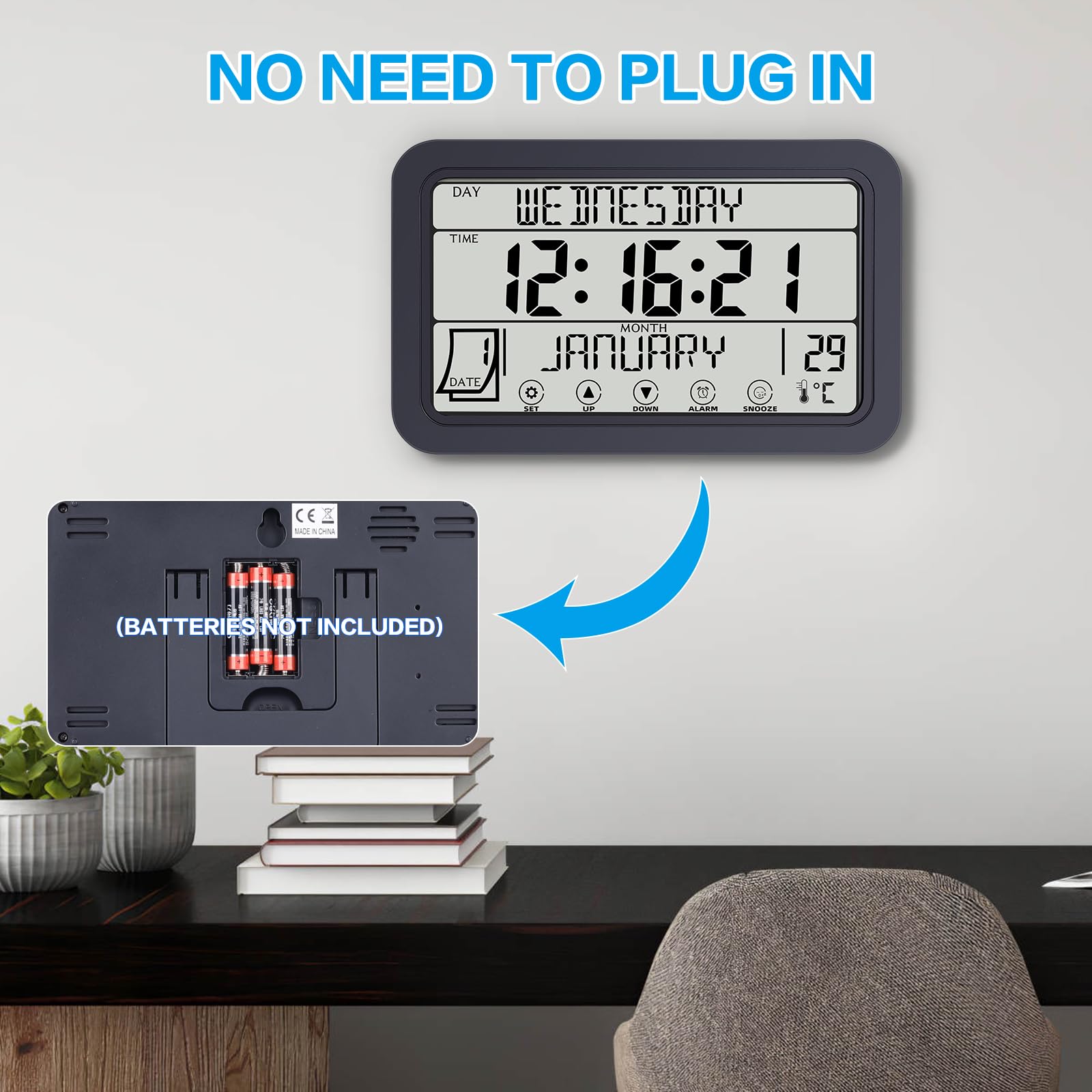 Fuloon Orologio Digitale Calendario Wireless, Grandi Cifre Orologio da Parete con Sveglia e Termometro per Anziani, Orologio Touch Screen Multilingue