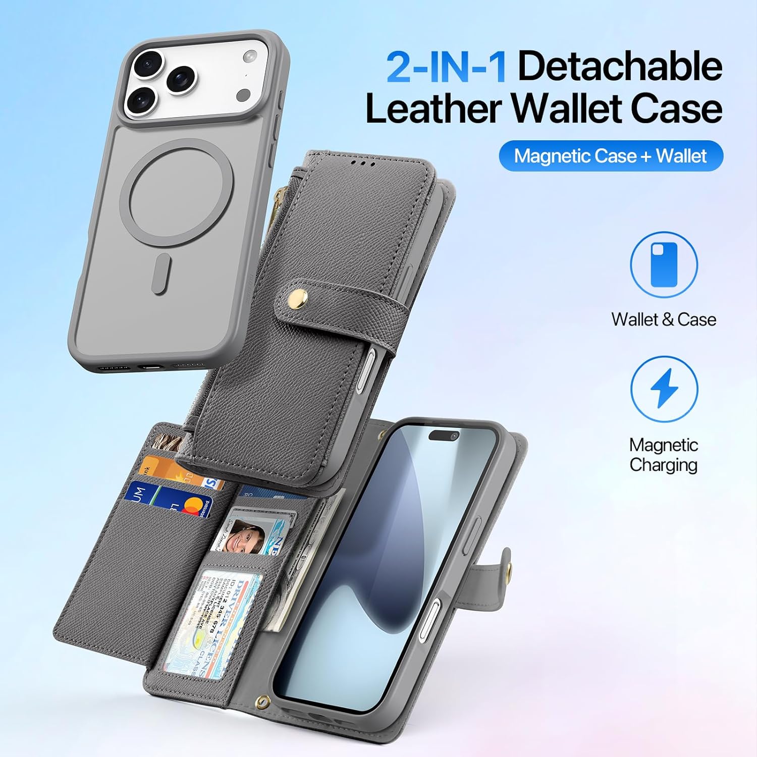Compatible with i Phone 17 pro max case Wallet, Detachable i 17 pro max Wallet case for Women/Men, Kickstand, Multiple Slots (Gray, for i Phone 17 pro max)