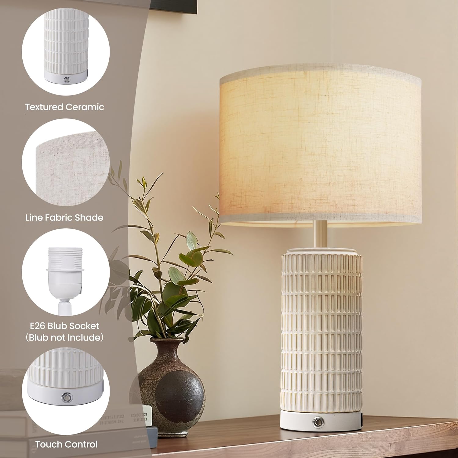 23" Touch Table Lamps Set of 2 with USB-C Ports - Ceramic Bedside Lamp for Bedroom - Modern Farmhouse Dimmable Lamp for Living Room - White and Beige Boho Nightstand Light for Home Decor and Lighting