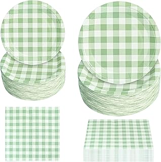 180Pcs Green Gingham Party Supplies Paper Plates and Napkins Serve 60