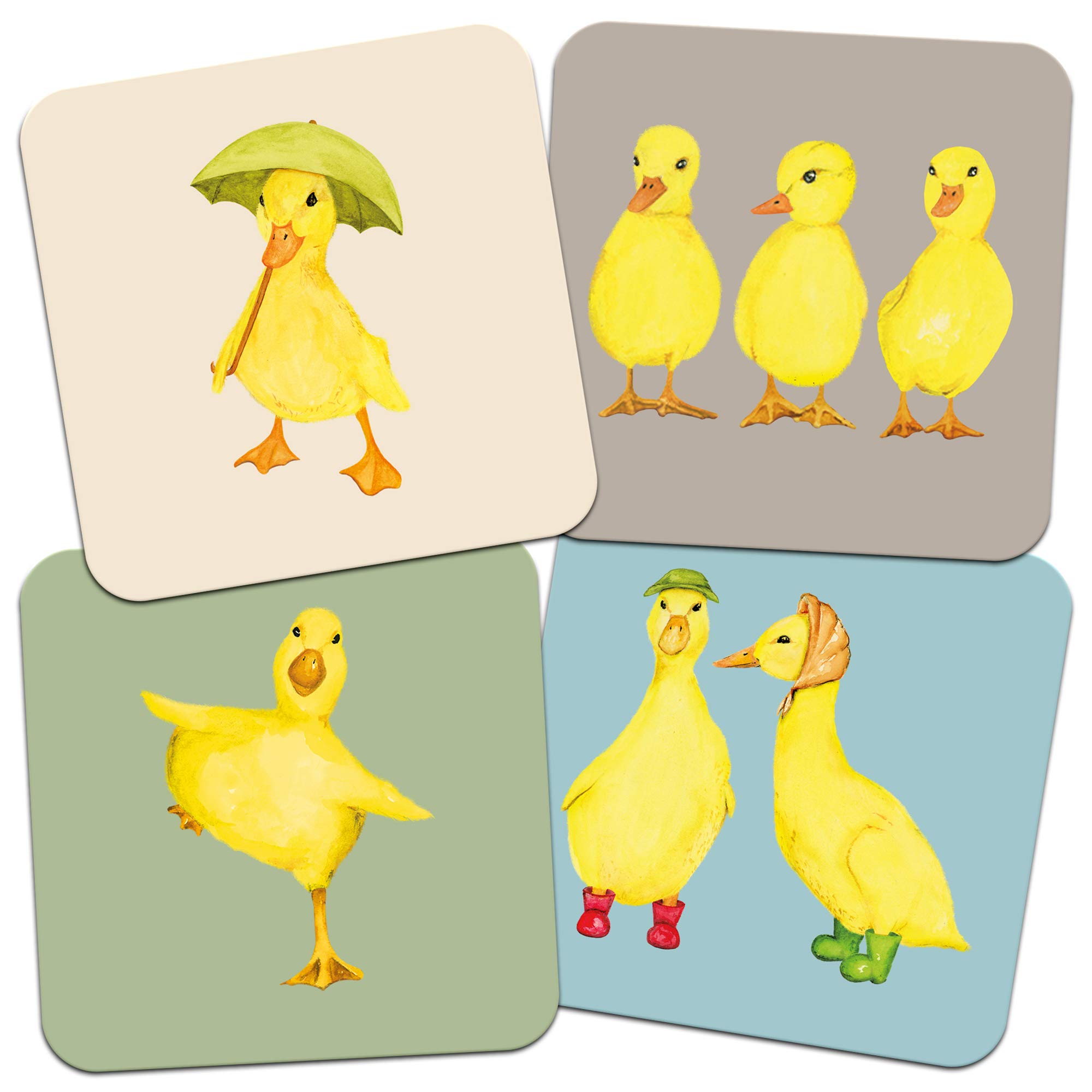 Ditac Green,Grey,Yellow Set Of 4 ‘Ducks’ - 95Mm Square Cork Backed Coaster (4 Background Colours Available)