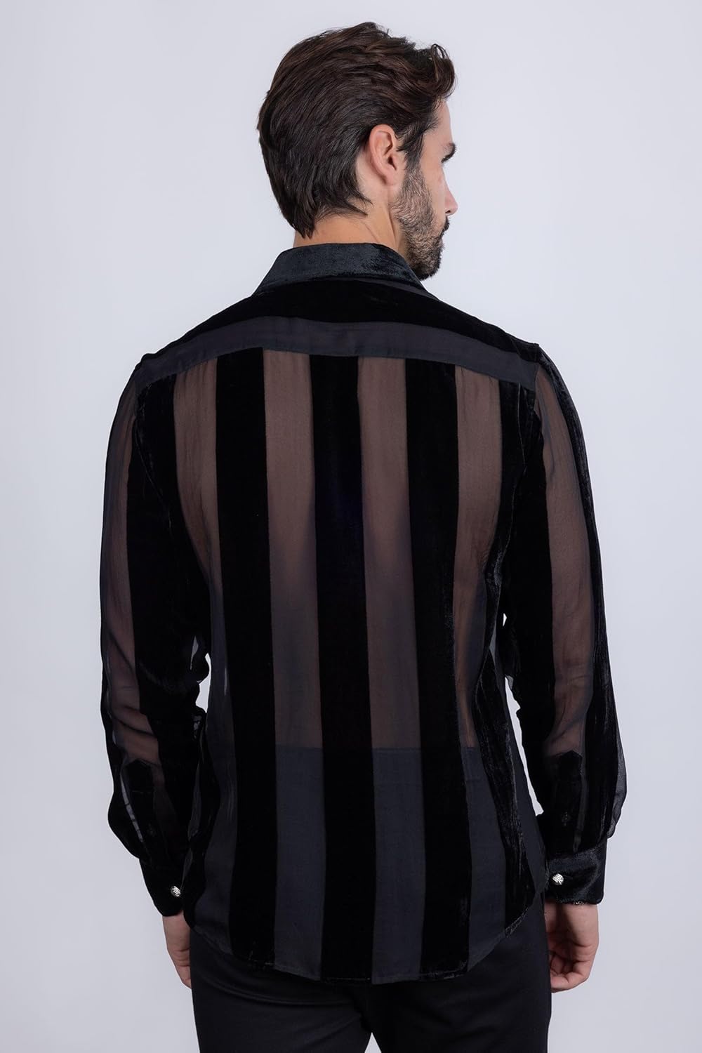 Barabas Men's See Through Velvet Long Sleeve Shirts 5B19