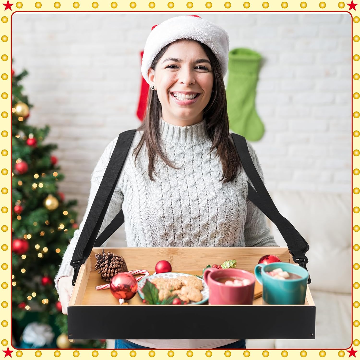 Wooden Snack Trays with Strap 15 x 11 x 2 Inch Movie Night Party Serving Trays Usherette Popcorn Drink Vending Concessions Tray Beverage Carrier for 20's Theme Costume Carnival Prop(Black)